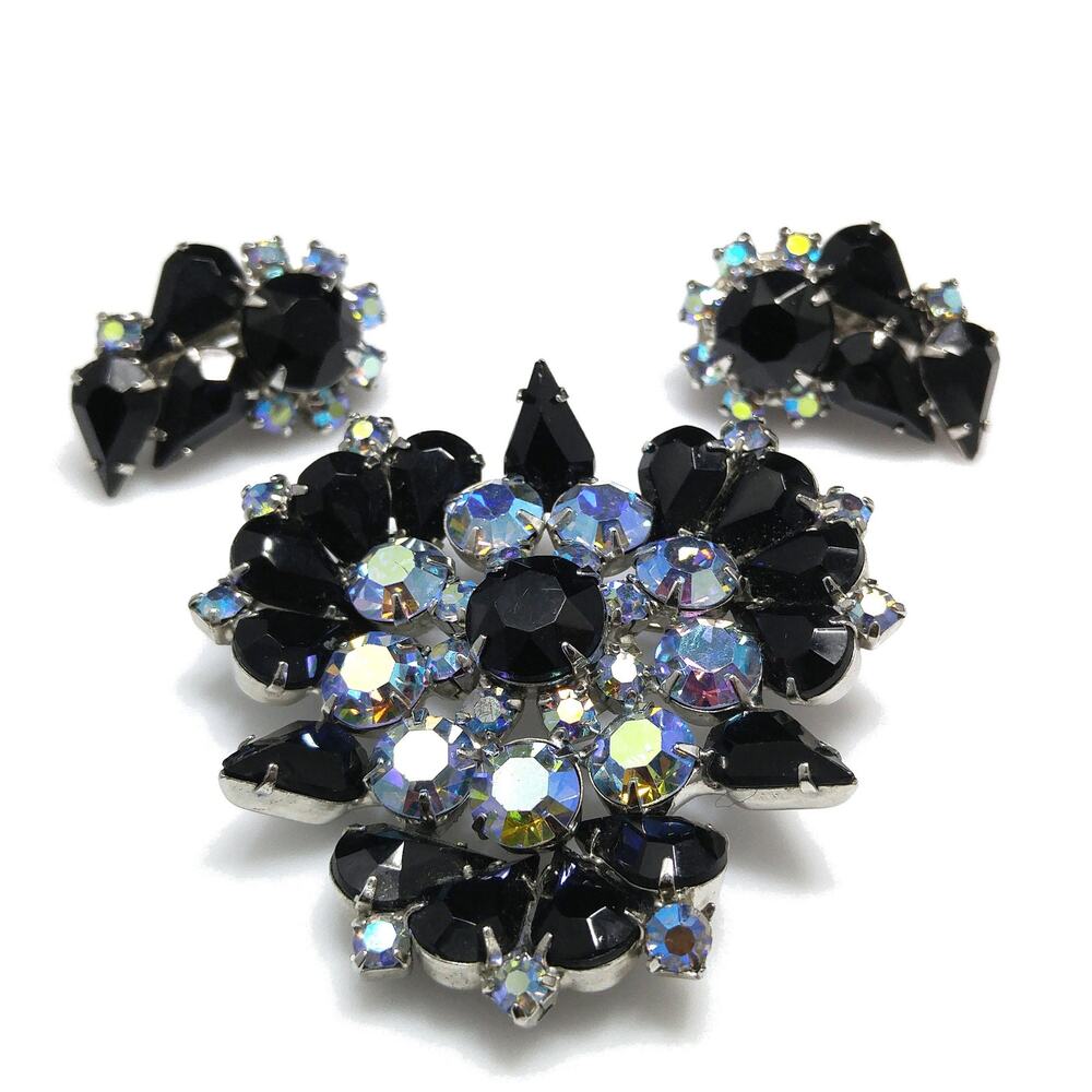 Vintage Black Rhinestone AB Brooch Earrings Set Rhodium 1960s